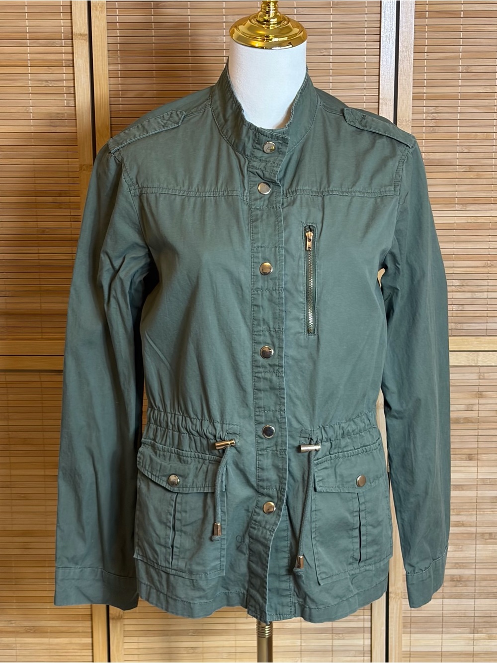 Olive Green Women's Utility Cargo Jacket M Drawstring Waist Military - Picture 2 of 8